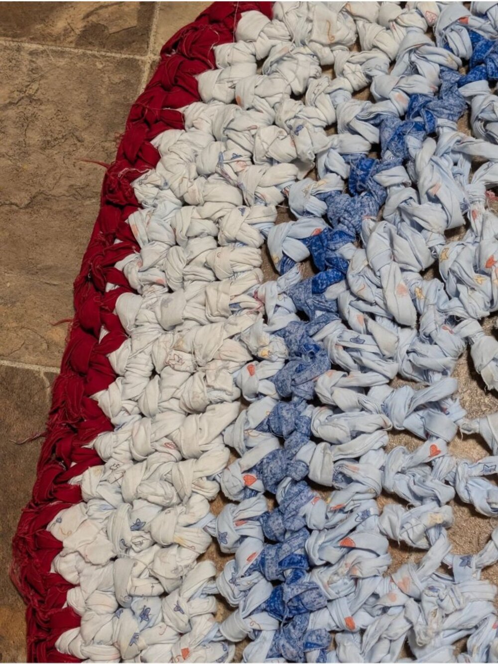 Handmade Round Crocheted Rug In Red White & Blue With Upcycled Fabric Strips - R - Picture 5 of 5